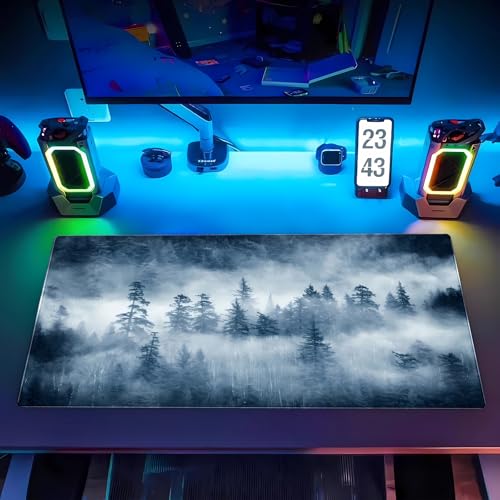 Misty Forest Desk Mat, Pine Tree Large Gaming Mouse Pad 31.5x15.7 in | Calming foggy forest nature desk pad with soft 3mm cushion, smooth fabric top, and non-slip natural rubber base. - color: Misty Forest