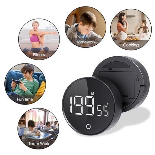 Digital Kitchen Timers, Magnetic Rotary Timer with Large LED Display, 3 Volume Levels, 0-199Min Countdown/Up, Easy Operation for Cooking, Studying, Fitness, Kids & Seniors - color: Black