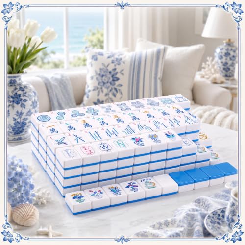 Soulchen 1.2 Inch Blue Houseplant American Mahjong Set, 168 Pcs Tiles | Engraved, Tote Bag Dice Carry Pouch, Complete American Mahjong Set, Game Night Travel Vacation Collection Gift - color: Blue, size: 1.2 Inch