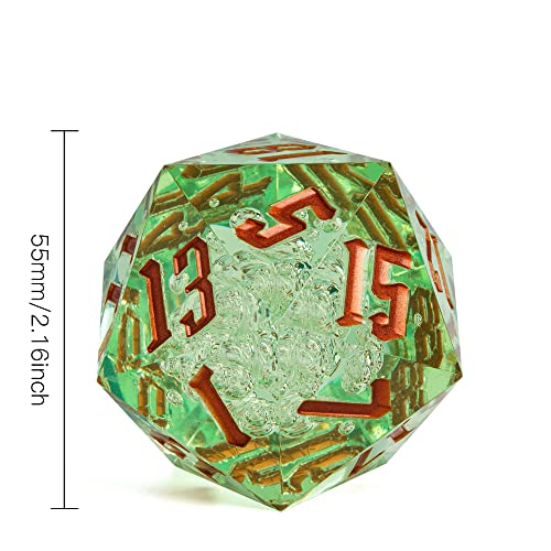 55mm 20 Sided DND Dice, Giant D20 D&D Polyhedral Dice Large D20 with Die Gift Box for Dungeons and Dragons, RPG Table Games (Transparent Green Bubbles) - color: Transparent Green Bubbles