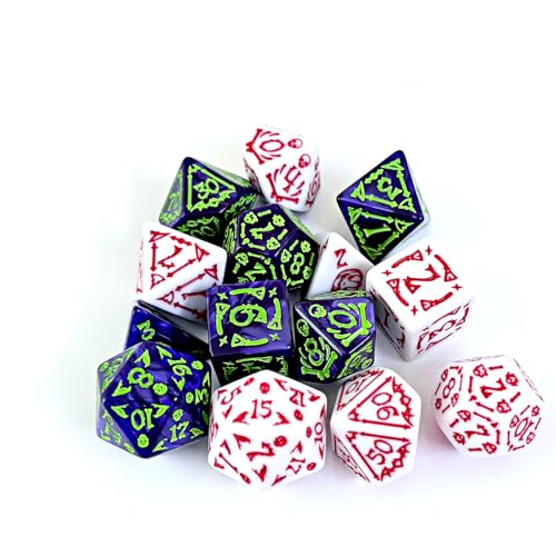DND Dice 2 X 7Sets, 14Pieces Raised Pattern White Red and Purple Green Mixed Polyhedral DND Dice for RPG MTG Table Game Dice