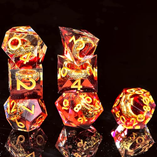 Ring DND Dice Set Sharp Edge Resin Dice,Golden Ring Inclusion Suitable for Lord of the Ring D&D Dice RPG Role Playing Games Suitable for Dungeons and Dragons Polyhedral Dice Set(red) - color: Red
