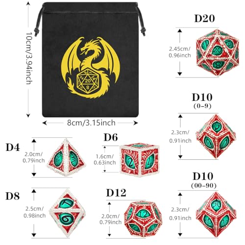 Red Green Dragon Eyes Metal Dice Set, Cool 7 Pcs Polyhedral Dice with Bag, Board Game Accessory, Great Gifts for DND RPG Fans, Birthday Gifts for Him Men Women - color: Red Green Metal