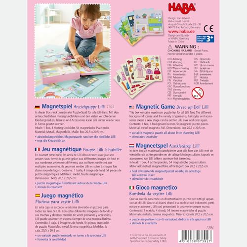 HABA Dress-Up Doll Magnetic Game Box & Magnetic Puzzle for Toddlers, Travel-Friendly Road Trip Toy for Kids, Toddler Activities for Ages 3+, 54 Piece Set - color: Pink - Dress-up Lilli