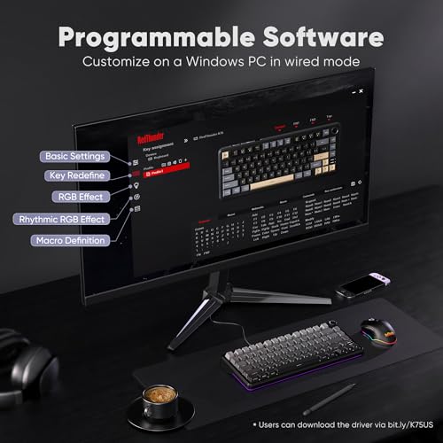 RedThunder K75 Wireless Mechanical Gaming Keyboard, 75% Hot Swappable Creamy Keyboard with Knob, RGB Backlit, Pre-lubed Linear Switches, Side Engraved PBT Keycaps, Wireless/Wired/BT5.0, Gradient Gray - color: Gradient Gray