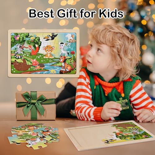 Puzzles for Kids Ages 4-6, 4 Packs 24 Pcs Wooden Puzzles for Kids | Thickened Animal Jigsaw Puzzles, Kids Puzzles Ages 3-5, Preschool Educational Learning Toys for Boys and Girls 3-8 Years Old