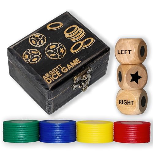 Left Right Roll Dice Game Set - 3 Wood Dice & 36 Plastic Chips in Wooden Box, Fun Family Party Dice Games for Adults, Teens & Friends, Black - color: Black