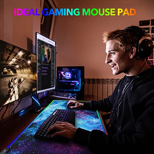 AIMSA RGB Gaming Mouse Pad Extended, Large Led Mousepads Non-Slip Rubber Base with 14 Lighting Modes, Computer Keyboard Mat Soft Desk pad Waterproof 35.4 x 15.8 inches, Galaxy Nebula Universe - color: Galaxy Nebula Universe