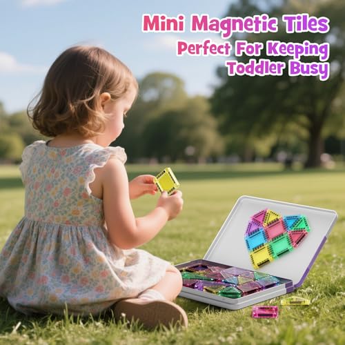WMDXU Mini Magnetic Tiles Girls: Travel Building Set with Iron Box for 3+ | 42PCS On-the-Go Travel Toy, Strong Magnets Hold Tiles Upside Down without Falling, Iron Box Storage, for Girls 3-8 - style: Mini Magnetic Tiles