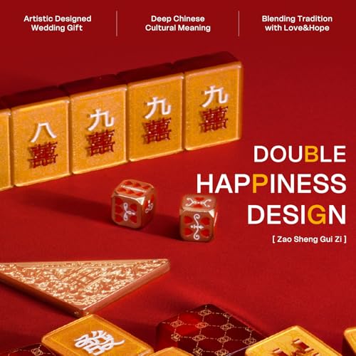 Luxury Chinese Mahjong Set - 144 Professional Acrylic Tiles with Red Designer Handbag Case - Double Happiness Art Edition for Weddings, Anniversaries& New Year - Premium Cultural Collectible gift - color: Red 1