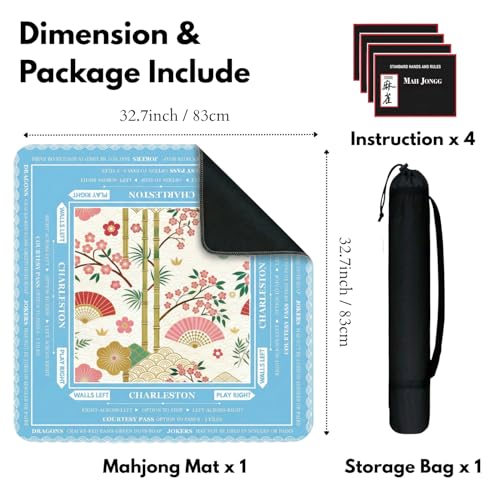 Blue Mahjong Mat for Table, American Mahjong Table Mat with Rules & Bag, Mahjong Gifts, Non-Slip Neoprene Travel Mahjongs Tables Cloth for Poker, Board Card Games, 32.4x32.4 Inch(Chinoiserie)