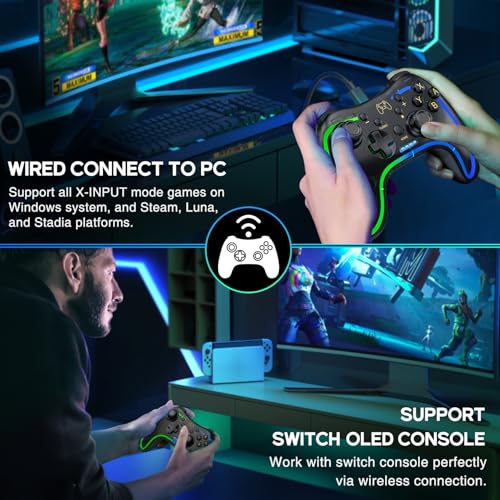 ELISWEEN Switch Controller for Nintendo Switch/OLED/Lite, Replacement for Nintendo Switch Pro Controller Support PC & Android/iOS with Cool RGB LED, Wireless Switch Controller with Turbo,Vibration - color: Dark Brown Light