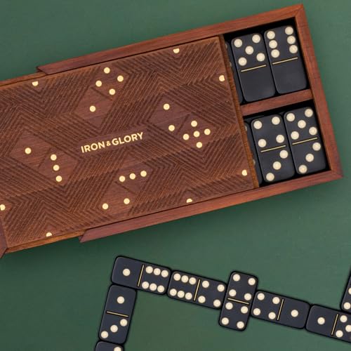 Iron & Glory Dominos Set for Adults - Board Games - Travel Dominoes Set - Tile Games - Classic Strategy Game for Family - Brain Teaser Puzzles - 28 Dominoes Tiles in Wood Box - Game Night Play