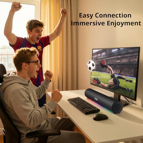 Computer Sound Bar with Detachable ENC Microphone, Enhanced Bass Gaming Soundbar, Bluetooth 6.0, USB-A Plug and Play, PC and Bluetooth Mode, 3EQ, 10 RGB Speaker for Gaming, Music,Meeting