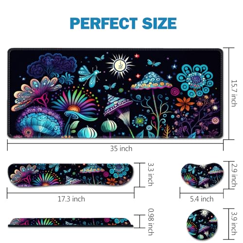 AIMSA Large Gaming Mouse Pad Set, Keyboard Wrist Rest Support+ Extended Mousepad+ Mouse Wrist Cushion+Coaster, Ergonomic Multifunctional Desk Mat 35x15.7in, Colorful Abstract Mushrooms - color: Colorful Abstract Mushrooms