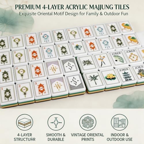 Mahjong Tile Set, 4-Layer American Mahjong Tiles with 50 Chips,3 Dice & Blue Printed Carrying Bag Case, 160 Pcs Mahjong Sets with Acrylic Engraving for Home, Travel & Game Nights - color: Brown