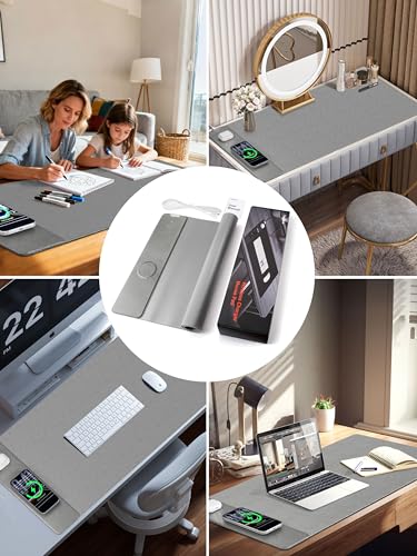 TopMade Mouse Pad with 15W Wireless Charging, XXL Large Leather Desk Mat, Waterproof Gaming Mousepad Home Office Desk Pad Protector, Computer Keyboard Pad, Mouse Mat for MacBook, PC, Laptop, Gray - color: Gray