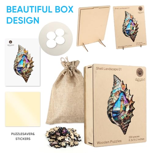 Delobil Wooden Puzzles, Shell Landscape Jigsaw Puzzles 200 Pieces, Unique Shaped Wooden Puzzle for Adults and Kids, Ghristmas Gift Family Game 15.2 x 8.3 Inch - color: Shell Landscape 01, size: 200Pcs