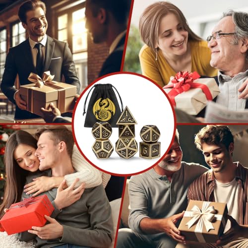 Metal Dice Set, 7pcs Polyhedral Metal DND Dice Set, DND Starter Set, D&D Gifts with Gift Bag, Role Playing Board Games Accessories, Bronze - color: Bronze + Gift Bag