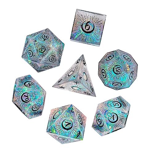 Cusdie Sharp Edges DND Dice, 7 PCs Moon Dice Set D&D Dice, Handcrafted Polyhedral Dice Set, for Role Playing Game Pathfinder(Moon/Black) - color: Moon Pattern-transparent Black