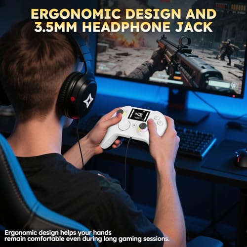 Interactive Screen Wireless Gaming Controller for PC/PS4/ Switch/Android/iOS, 4 Programmable Buttons, Turbo, 6-axis Gyro, Dual Vibration, RGB Lighting, Share, Screenshot, 1000mAh, Wake-up White - color: White