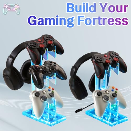 Game Controller Holder with Light Colorful Acrylic Headphones Stand with 3 Modes 7 Colors USB Charging Port for PS4, PS5, PC Universal Design (3 Tiers with Lights)