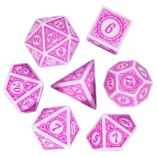 7PCs DND Dice Set, Unique Window Lattice Pattern D&D Dice Set with Leather Die Bag, Polyhedral Die for RPG Table Games (Pink/White) - color: Pink With White Edge