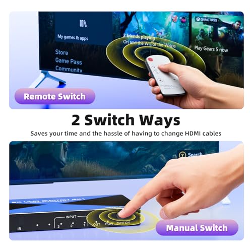 8K@60Hz HDMI Switch 3 in 1 Out. ALYYDBG HDMI 2.1 Switcher Supports DSC 4K@240Hz 3D HDR10+ HDCP 2.3 VRR for PS5/4 Xbox Nintendo Switch Roku Fire Stick Apple TV to Connect TV Monitor - size: 3x1