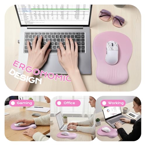 Ergonomic Mousepad with Wrist Rest Pink, Wrist Rest for Mouse Pad, Memory Foam with Massage Design, Non-Slip PU Base for Office and Home - color: pink mousepad with wrist rest