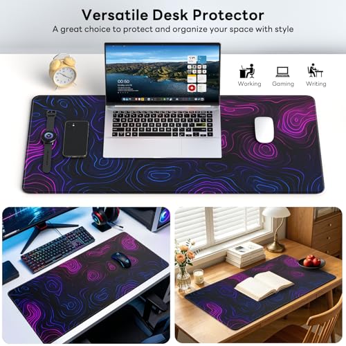 Large Gaming Mouse Pad, XL Desk Protector, Non-Slip Base | 31.5x15.7 in Extended Desk Mat with Stitched Edges for Keyboard, Work, Game, Office, Home PC and Laptop - color: Neon Contours