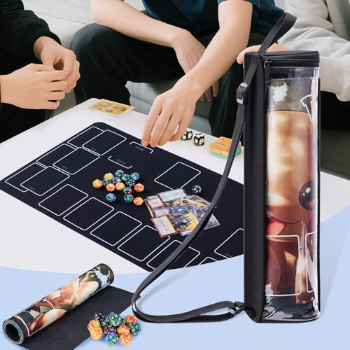 Playmat Tube Fits 14'' or 15'' 1 pcs Playmats, Playmat Case Compatible with TCG/MTG Playmats, Playmat Storage Bag Equipped with SeeThrough Window, 2 Zipper Pockets and Adjustable Shoulder Strap