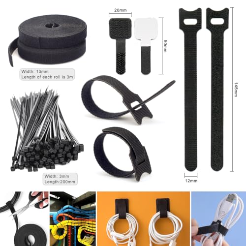 ZIIYAN 163 PCS Cable Management Kit, 3 Wire Organizer Sleeve, 8 Self Adhesive Cable Holder, 25 Cord Clips, 20+2 Roll Reusable Cable Straps and 100 Fastening Cable Ties for Computer TV Under Desk