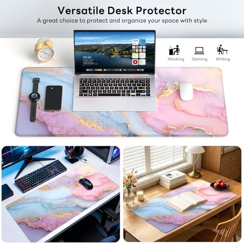 Large Gaming Mouse Pad, XL Desk Protector, Non-Slip Base | 31.5x15.7 in Extended Desk Mat with Stitched Edges for Keyboard, Work, Game, Office, Home PC and Laptop - color: Pink Marble