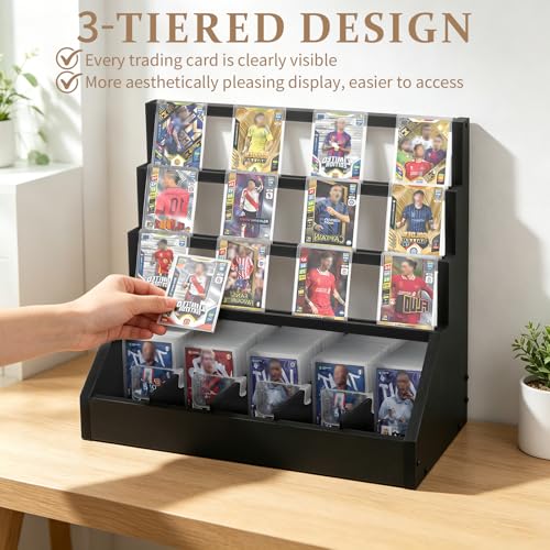 Trading Card Display Stand with Card Stoppers - 3 Tier 5 Row Wooden Step Shelf, Large Capacity Tabletop Display Storage Case for Graded Cards & Collectible Cards