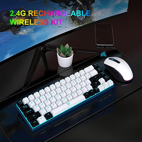 Snpurdiri 60% Wireless Gaming Keyboard and Mouse Combo,Ice Blue Backlit Rechargeable 2000mAh Battery,Mini Mechanical Feel Anti-ghosting Keyboard + Popular RGB Mice for Gaming, Office(White-Black) - color: White Black Combo