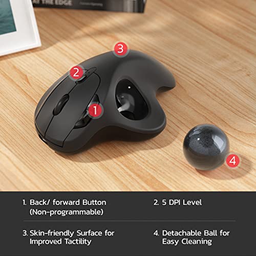 Nulea M501 Wireless Trackball Mouse Ergonomic Thumb Control, 4 DPI Levels | Rechargeable rollerball mouse with Bluetooth USB receiver,3 device use,smooth tracking,compatible with PC Mac Windows-Black - color: D-Black