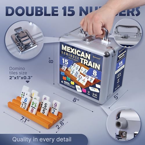 Queensell Mexican Train Dominoes Set Double 15 with Numbers - Dominoes Set for Adults and Family – 136 Tiles, 9 Trains, Wooden Hub, 8 Tile Holders, Aluminum Case (D15 Numbers + 8 Holders) - style: D15 Numbers + 8 Holders