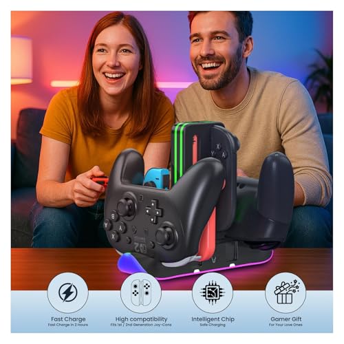 Charging Dock for Nintendo Switch 2 Controllers, RGB 6-in-1 Charging Station for Joy-Cons & Pro Controllers, Gaming Controller Organizer Stand Compatible with Switch 2/OLED/Switch - color: Grey