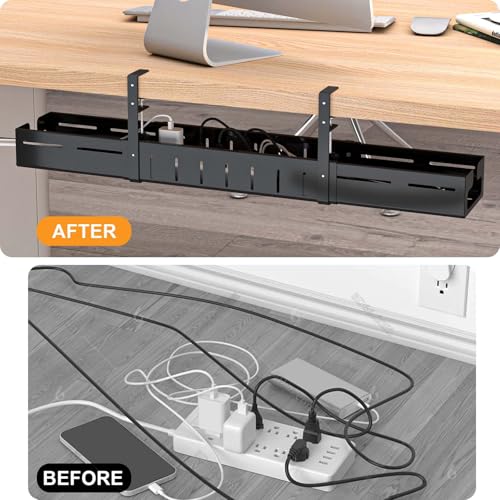 Under Desk Cable Management Tray Black | Expandable 25.27"-38.66", Sturdy Steel Desk Cord Hider Raceway for Office/Home