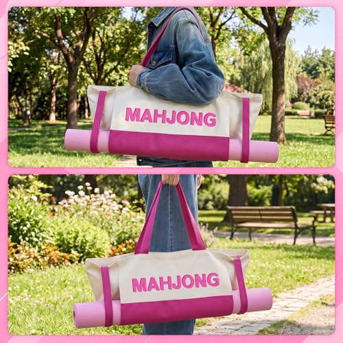Abbylike 28x9 Inches Mahjong Bag for Rolled Mat Tiles Racks Pushers Accessories Empty Mahjong Tote Bag with Zipper Closure Outer Pockets Lining Large Capacity(Beige&hot Pink,Canvas) - color: Beige&hot Pink