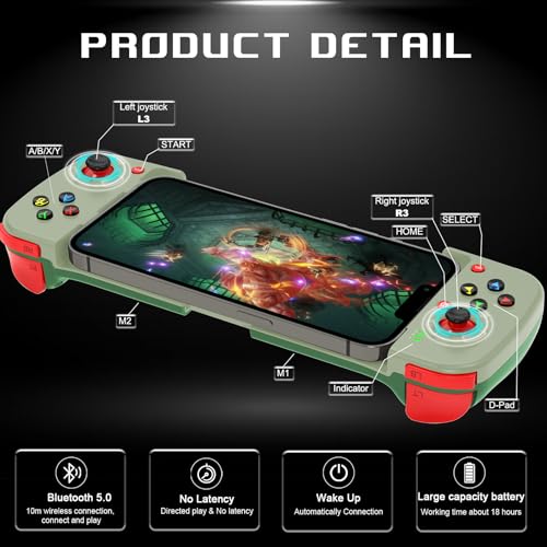 arVin Wireless Gaming Controller for iPhone Android PC Gamepad Joystick for iOS iPhone 15/14/13, iPad, Samsung Galaxy S23/S22/S21, Google Pixel, One Plus, Tablet, Call of Duty Mobile -with Back Button - color: Green