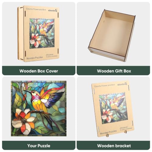 Qiuenisray Wooden Puzzle 200 Piece, Stained Glass Hummingbird Jigsaw Puzzle | Wood Puzzle for Adults Mom Grandmother, FSC Certified Unique Animal Shape Wood Puzzles, Bird Jigsaw Puzzles 11.2x11.2 in - color: Flower Bird, size: 200pcs