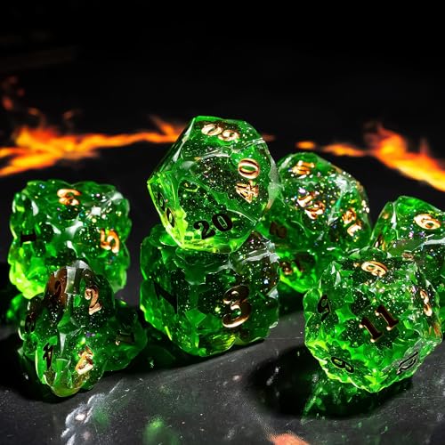 Cusdie Sharp Edge DND Dice, 7 PCS Shamrock DND Dice Set D&D D20 D12 D10 D8 D6 D4, Handcrafted Polyhedral Dice Set for RPG and Other Table Games(Green) - color: Green