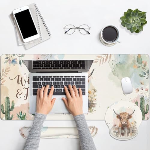 Arttown Keyboard Mouse Pad Set, 4 in 1 Desk Mat Set Cow Boho | Cactus Western Bohemian Large Mousepad+Keyboard Wrist Rest+Mouse Wrist Rest+Coaster Ergonomic Design for Home Office Computer - color: Cactus Cow