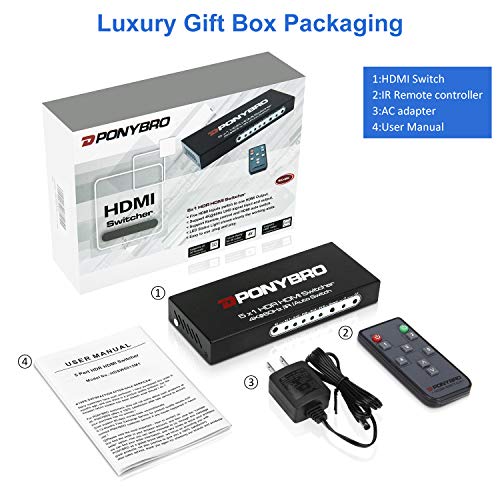 HDMI 2.0 Switch 5 Port 4K@60Hz Auto-Switching – 5 in 1 Out with Remote, HDR10, 3D, Ultra HD for PS5/Xbox/PC/Fire TV, Zero Delay