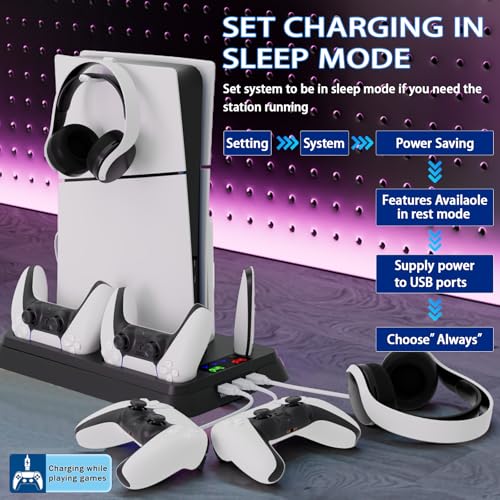 PS5 Cooling Station and PS5 Stand with Controller Charging Station for PlayStation 5 Console, Controller Charger, Cooling Stand, PS5/Slim/Pro Accessories Kit with 3 Level Cooler Fan - color: black