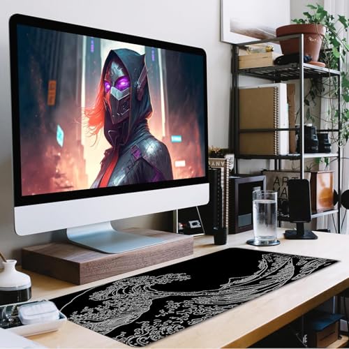 Large Gaming Mouse Pad, Waterproof Extra Large Big Mouse Pad with Stitched Edge, XXXL Non-Slip Black Computer Long Mousepad for Gamer, Office & Home, Wave Lines - color: Sea Wave, size: 35.4L x 15.7W inches