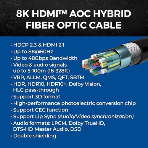 OREI 8K HDMI 2.1 Fiber Optic Cable 100ft - AOC, 48Gbps, 8K@60Hz, eARC, 3D - size: 100FT