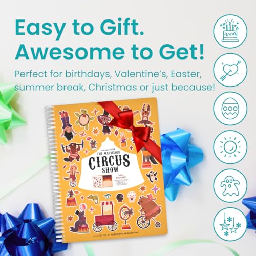 Circus Show 300+ Kids Sticker Book by Cupkin Toddler Airplane Travel Coloring and Sticker Book, Road Trip Essentials, 8 Coloring Pages 8 Side by Side Scenes for Ages 2–8 Years - color: Circus