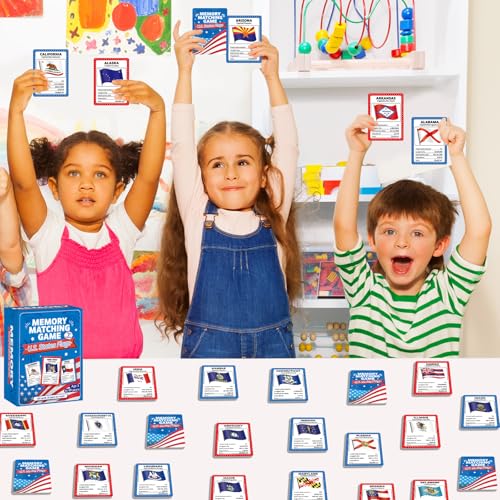 gisgfim 100 PCS Memory Matching Game Flags of U.S. States Concentration Memory Card Educational Cards Games Geography Learn States Capitals Game Gift for Kid Adults Learning Activities Matching Games - style: Flags of U.S. States